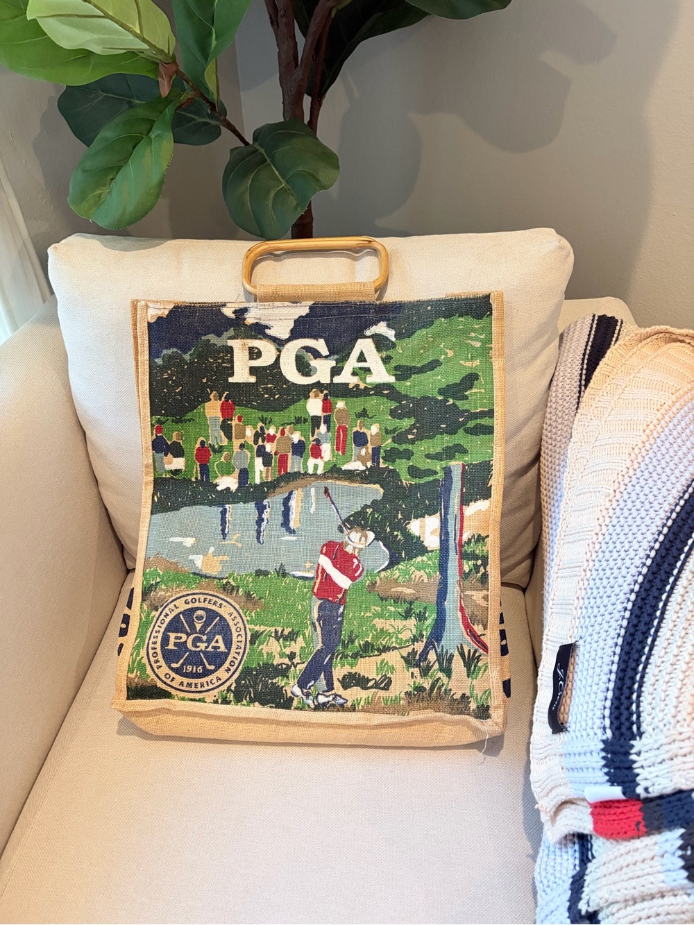 VTG PGA Tour 1916 Burlap Jute Tote Bag Bamboo Handles Retro Golf Collectible